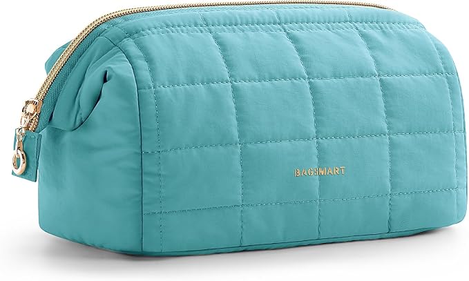 BAGSMART Makeup Bag Travel Cosmetic Bag, Puffy Padded Make Up Bags for Women Makeup Organizer Case, Wide-open Pouch Purse Travel Essentials Toiletries Accessories Brushes, Teal by BAGSMART