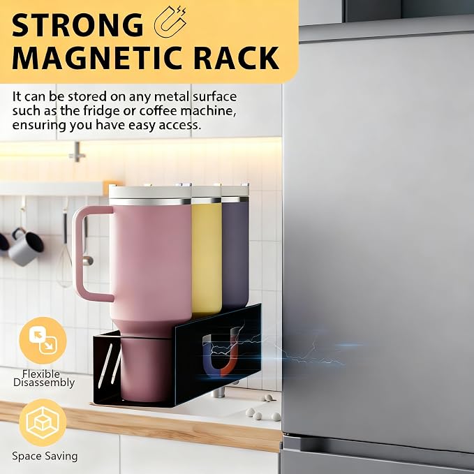 Magnetic Stanley Cup Holder 2-Pack, 6 Tumblers, Lid & Straw, Black | 2-pack magnetic holder for 6 Stanley 30/40 oz tumblers with accessories storage. Secure fridge mount, black. - Image 2