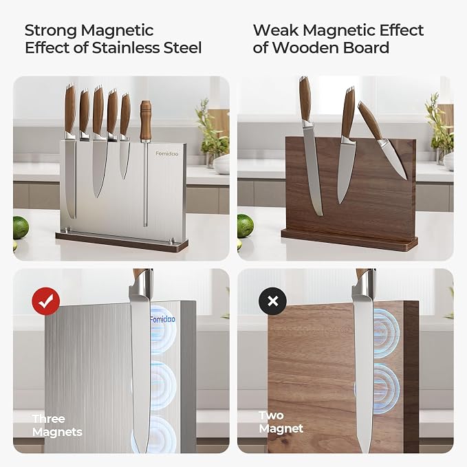 Magnetic Knife Block,Stainless Steel Magnetic Knife Holder Rack for Kitchen Counter,Strong Double Sided Magnet Knife Storage Stand with Wood Base - Image 2