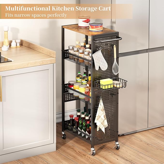 Slim Storage Rolling Cart: 4-Tier Narrow Metal & Wood Utility Cart with Wheels for Kitchen/Laundry/Bathroom(Black) - Image 3