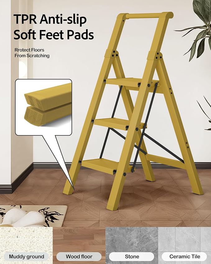 Taranta 3 Step Ladder,Aluminum Step Stool Foldable-Twilight Yellow | Lightweight Folding Ladder with Handgrip,Wide Top Pedal,330lbs Capacity Stepladder for Home,Office,Kitchen - Image 5