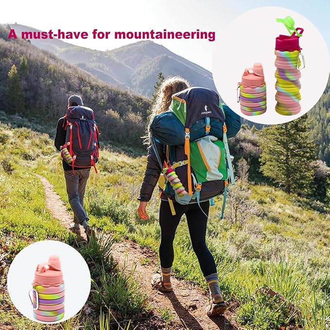 Silicone Collapsible Water Bottles, 16oz 500ml Portable Foldable Expandable Water Bottle Sports Cups, Leak Proof Reusable BPA Free, for Outdoor Activities Travel(Pink-B) - Image 8