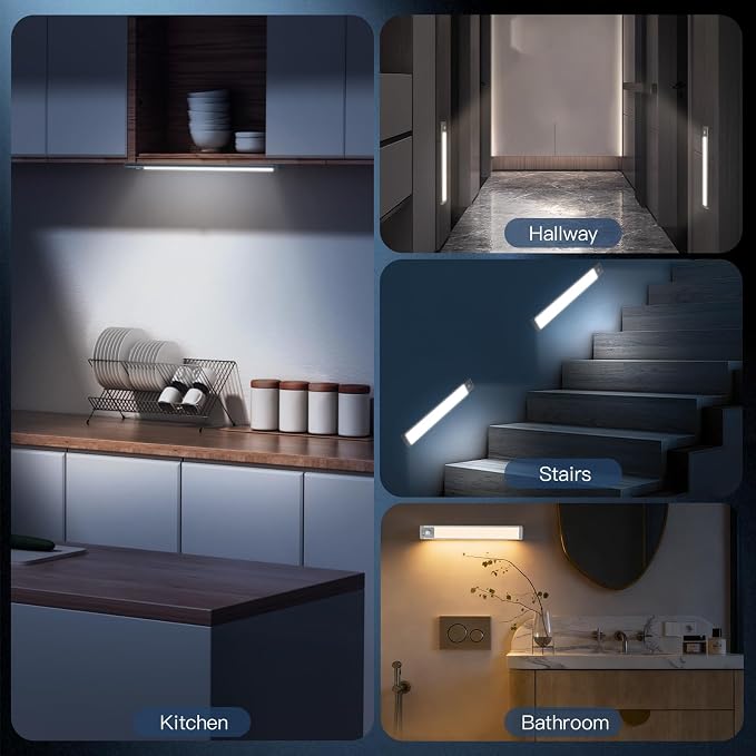10inch Under Cabinet Lighting with 3 Color Temps, 2 Pack Rechargeable Motion Sensor Light Indoor, 5 Levels Dimmable Magnetic Closet Lights, Wireless Under Counter Lights for Kitchen, Stairs - Image 8