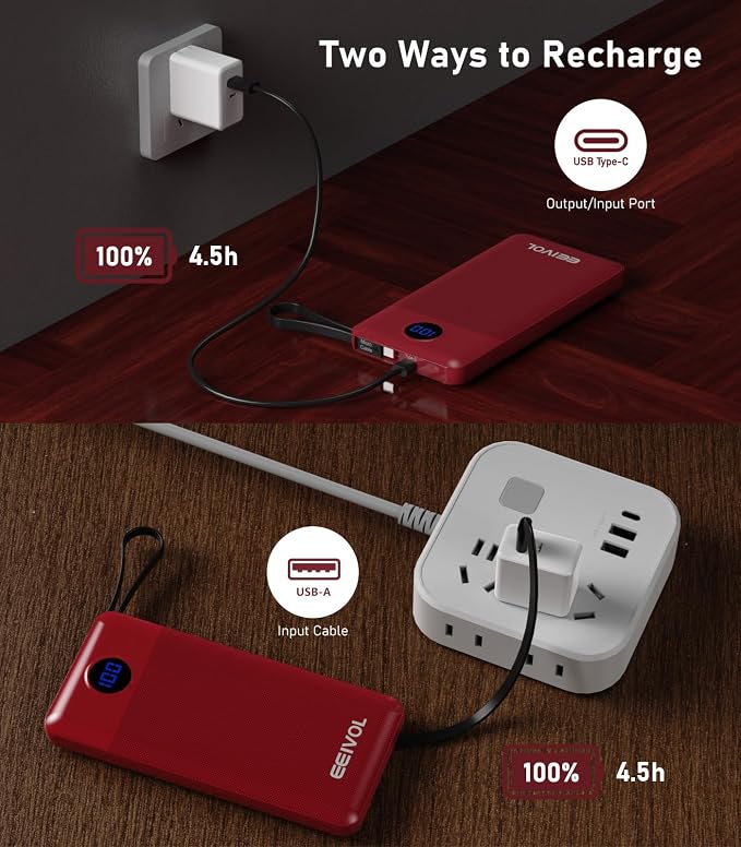 Portable Charger with Built in Cables, Slim 10000mAh Power Bank, USB C Battery Pack Travel, 4 Output 2 Input External Charging Bank for iPhone 17/16/15/14/13,Samsung, Android, etc-Red(1 Pack) - Image 7