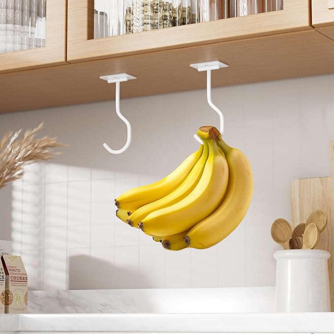 bussdis Adhesive Banana Hook Under Cabinet, White, 2 Pack | Foldable Banana Hanger, Metal Banana Holder, Hold 20 Bananas, Space-Saving Design, Folding with Magnets When Not in Use - Image 6