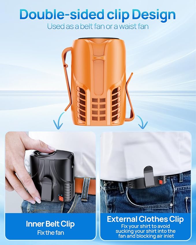 Portable Personal Waist Fan& Neck Fan, 14000RPM Brushless Motor, 40H Runtime Rechargeable, 6-Speed Quiet Operation, Clip-On Personal Body Cooling for Camping/Worksites/Outdoor - Image 6