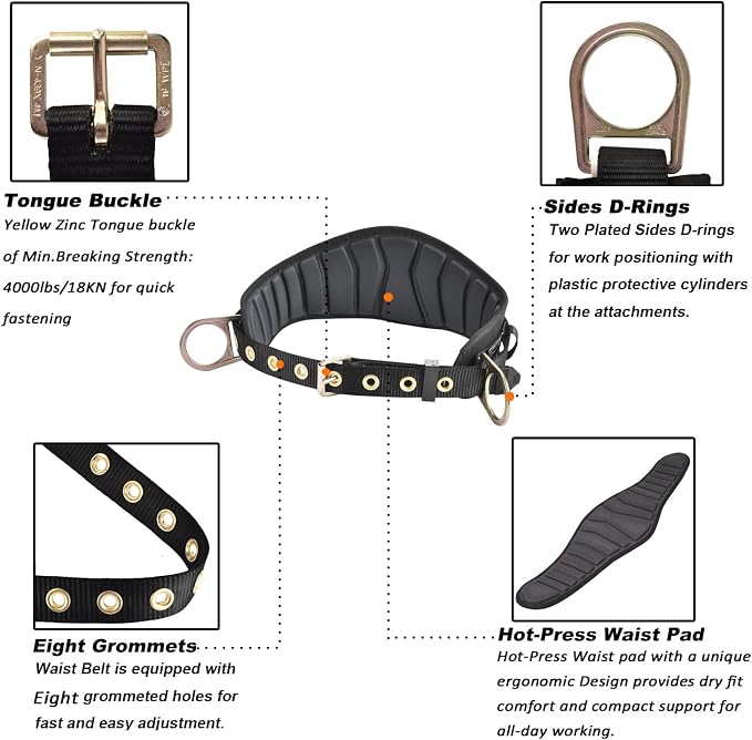 Tongue Buckle Body Belt With Hot-Pressing Waist Pad and 2 Side D-Rings Personal Protective Equipment Safety Harness | Waist Fitting Size 30'' to 45'' for Work Positioning, Restraint - Image 3