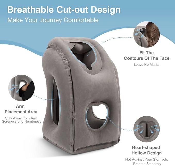 MoKo Inflatable Travel Pillow, Neck Pillow with Storage Bag, Gray | Ergonomic design airplane pillow, optimal neck support. Cutouts to avoid arm numbness. Heart-shaped vent. With storage bag - Image 3