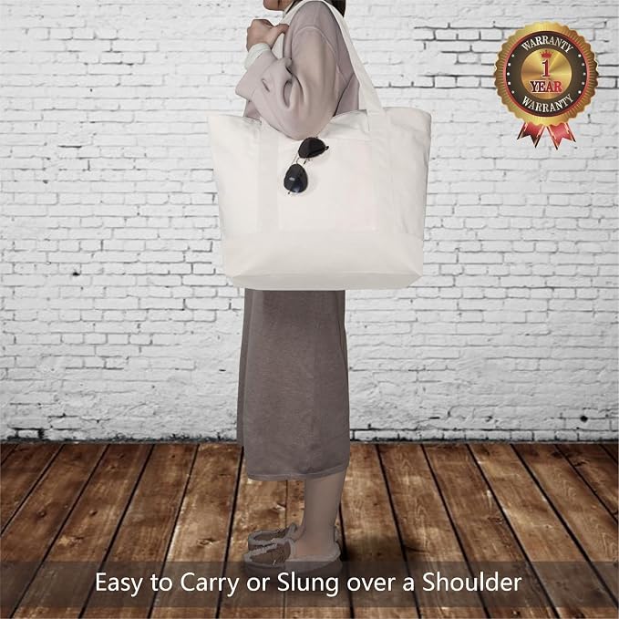TOPDesign 1-Pack Canvas Tote Bag with an External Pocket, Reusable Grocery Shopping Bag, Top Zipper Closure, Daily Essentials (Natural) - Image 2