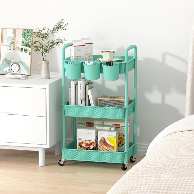 MOYIPIN 3-Tier Plastic Rolling Utility Cart with Handle,Turquoise | Utility Storage Cart for Office, Living Room, Kitchen,Movable Storage Organizer，Easy installation，Rattan-like art design - Image 6