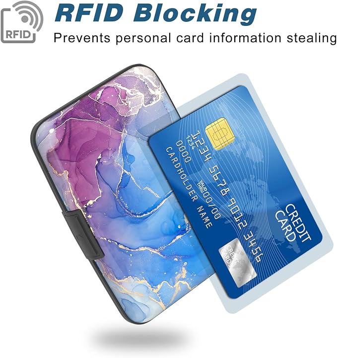 Credit Card Holder, Mini Aluminum Card Wallet RFID Blocking Slim Metal Hard Card Case for Women Men, Blue Purple Marble - Image 2