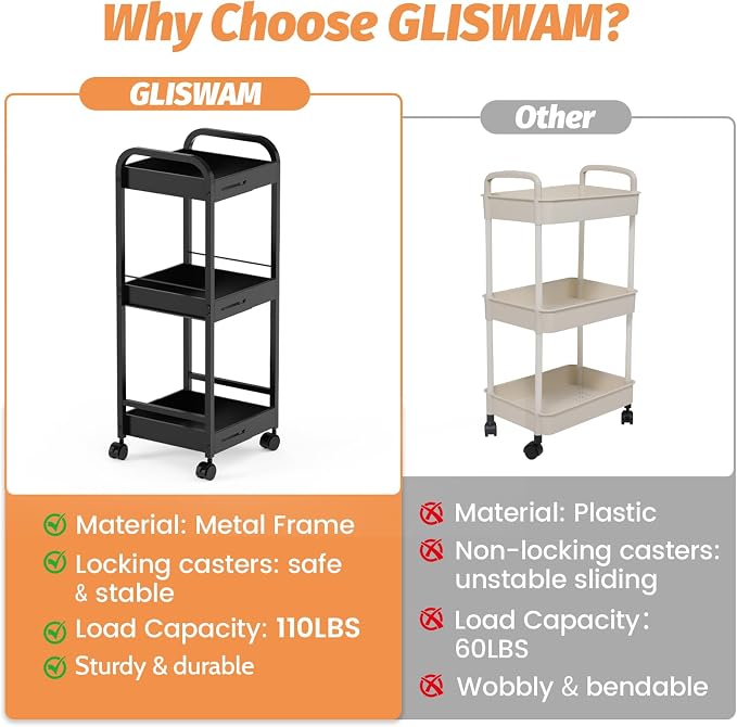 Expandable 3-Tier Metal Slim Rolling Storage Cart with Wheels | Adjustable Length Narrow Heavy Duty Rolling Cart, 4 Wheels (2 Lock), for Bathroom, Kitchen, Laundry & Small Spaces - Image 6