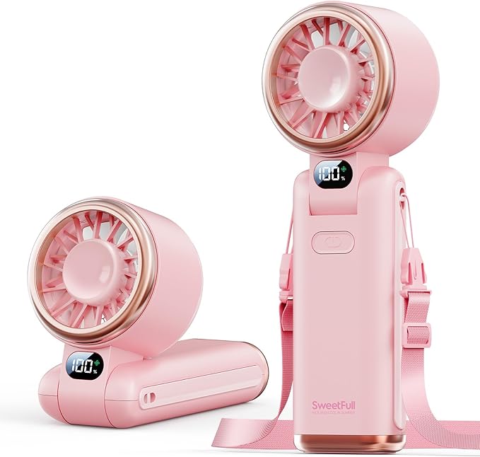 SWEETFULL Portable Handheld Turbo Fan - Portable Fans Rechargeable, 5000mAh, 180° Adjustable, 5 Speed Wind, Digital Display Electric Personal Hand Fan Quiet, Travel Essentials, Beach Vacation (Pink) by SWEETFULL