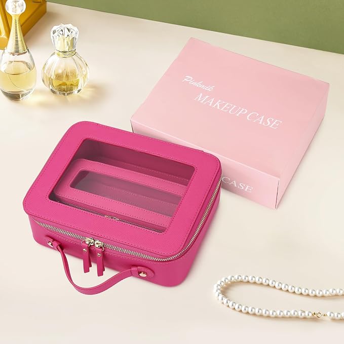 Pinkmik Clear Makeup Bag with Brush Bag, (Fuxia, L+SLIM) | 2pcs, Waterproof, Travel Case for Cosmetics and Toiletries, Women's Cosmetic Organizer, with Zipper - Image 7