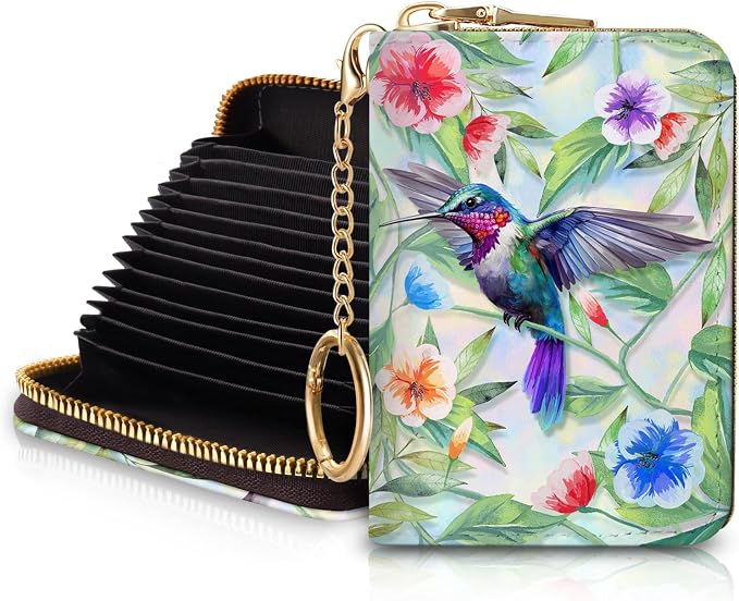 Blusabaca RFID Credit Card Holder Small Women Travel Wallet, Bird | Removable Keychain, Case with Zipper, Vegan PU Leather, Cash Coin Pocket, Business Accordion Purse, Ladies Female Gift by Blusabaca