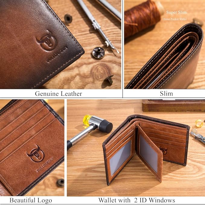 BULLCAPTAIN RFID Wallets for Men,Genuine Leather Wallet QB-05 (Brown) | Slim,Bifold,Front Pocket Wallet, 2 ID Windows,11 Card Slots,RFID Blocking Technology,Gift Choice - Image 6