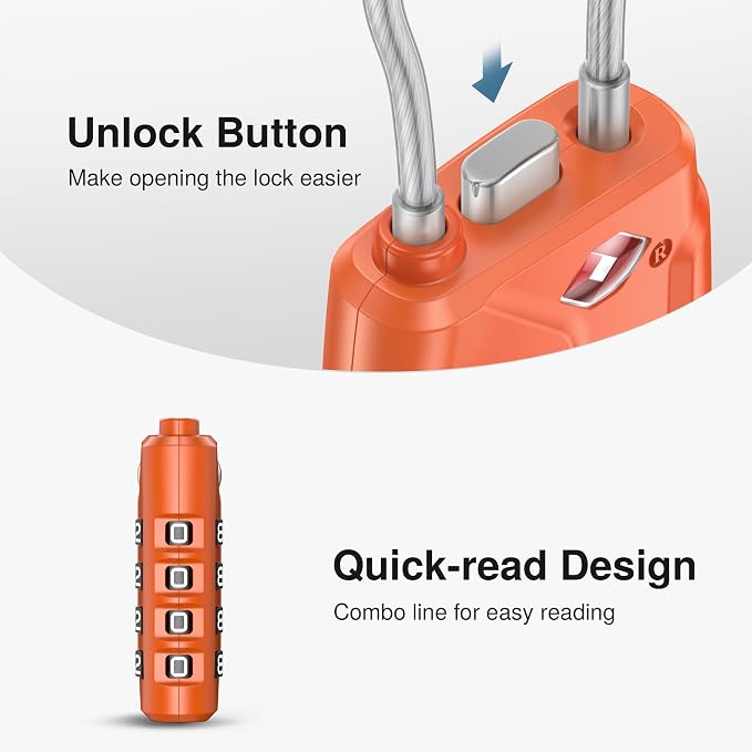 Puroma 2 TSA Approved Luggage Locks 4 Digit Code Cable Lock Robust Orange | Resettable, Flexible Cable, Zipper holes, Zinc Alloy, Bright Color, Large White Numbers, Suitcase Train Travel, laptop bag - Image 4