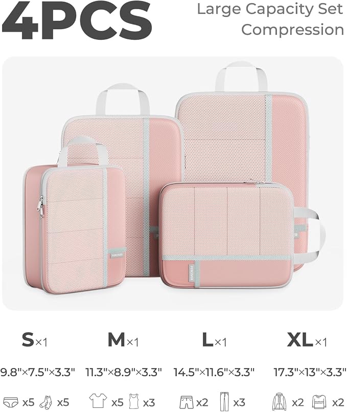 Percover Compression Packing Cubes for Travel, 4-Piece Structured Compression Organizer Set with Label Pockets for Carry-On & Checked Luggage, Pink - Image 2
