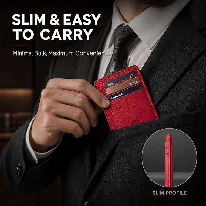 Slim Minimalist Front Pocket RFID Blocking Leather Credit Card Holder, Small Compact Wallet with ID Window for Men and Women (Red) - Image 3