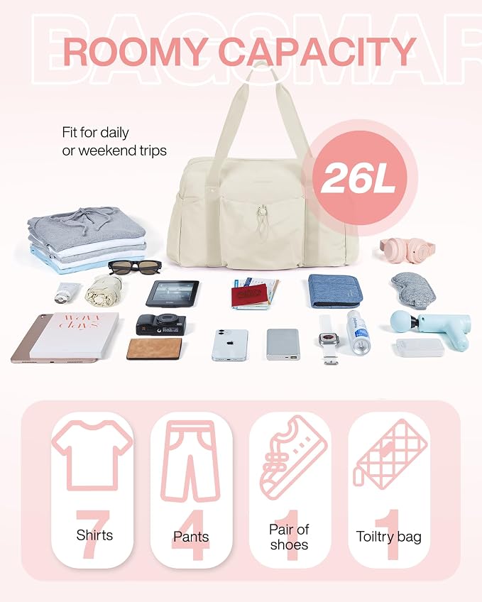 BAGSMART Foldable Travel Duffle Bag for Women, Gym Tote for Sports, Beige | 26L Airport Carry On Weekender Overnight Bag for Travel, Travel Accessories - Image 3