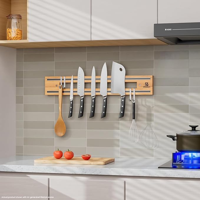 Magnetic Knife Holder for Wall, 16.5 Inch Knife Magnetic Strip | Rubber Wood Knife Block, Kitchen Utensil Holder, Magnetic Tool Holder, Double Magnetic Strips, 4 Hooks Included, Ideal Gift - Image 4