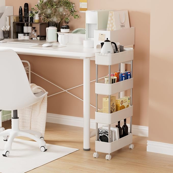 VECELO Storage Rolling Cart, 4 Tier Utility Cart Kitchen Slim Mobile Storage Unit Organizers with Wheels Hooks&Hanging Cups for Bedroom Bathroom Office Table Side in Narrow Places, White - Image 7
