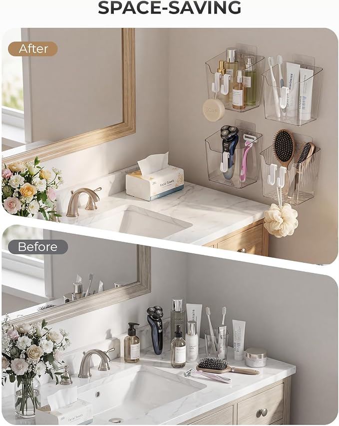 Wall Mount Organizer, 6 Hooks and 4 Pack Cabinet Door Storage Bins, Space-Saving Adhesive Bathroom Wall Organizer, Wall Storage for Office, Cabinet, Pantry, Kitchen, Makeup - Image 7