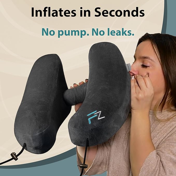 FLOWZOOM Air Inflatable Neck Pillow for Traveling on Plane - H-Shape Hooded Airplane Pillow with 5 Snooze Modes, Fast Inflation, Pressure Control, Cozy Clip-On Hood & Plushy Cover - Size L, Jet Black - Image 2