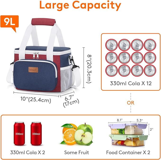 Lifewit Medium Lunch Bag, Insulated Lunch Box, Soft Cooler Cooling Tote for Adult Men Women, White and Red and Blue 12-Can (9L) - Image 4