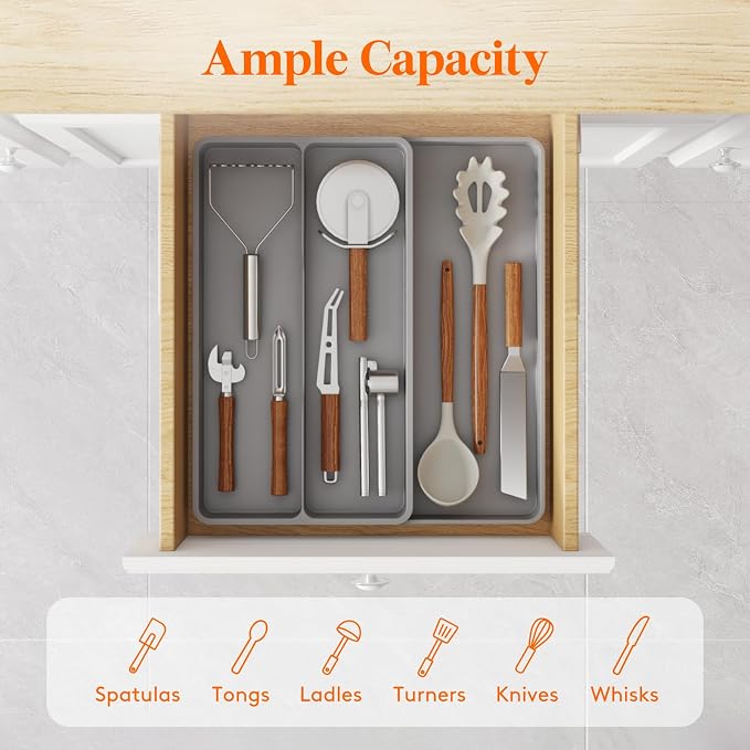 Lifewit Utensil Organizer for Kitchen Drawer, Expandable Cooking Tray | Adjustable Cutlery Flatware Holder, Plastic Silverware Spatula Tools Storage Divider, 8.9-14.4 x 15.8", Gray - Image 2