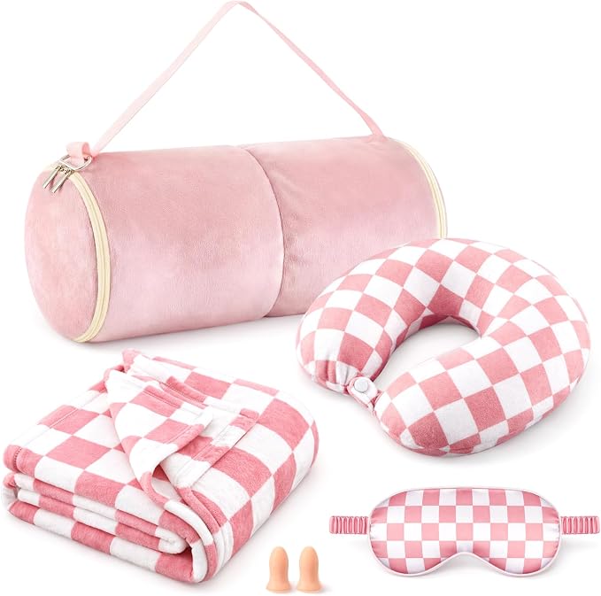 HunnmingRe 5 Pcs Travel Pillow and Blanket Set, 5 in 1 Travel Airplane Compact Includes 40 x 60 Inch Throw Blanket Eye Mask Neck Pillow Earplug and Bag Gifts for Travelers Women(Checkered,Pink) by HunnmingRe