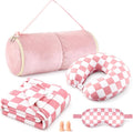 HunnmingRe 5 Pcs Travel Pillow and Blanket Set, 5 in 1 Travel Airplane Compact Includes 40 x 60 Inch Throw Blanket Eye Mask Neck Pillow Earplug and Bag Gifts for Travelers Women(Checkered,Pink) by HunnmingRe