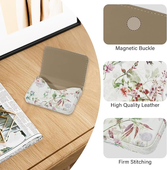 Business Card Holder，PU Leather Business Card Case Color Printing Pattern Card Holder Wallet，Pockets Magnetic Credit Card Holders for Men and Women - White Flowers - Image 2