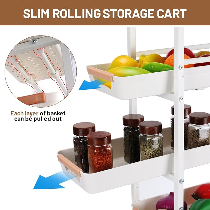Slim Storage Cart, 5-Tier Narrow Rolling Kitchen Laundry Room Cart with Drawer and Wheels, Metal Utility Cart Slide Out Organizer for Small Spaces (White) - Image 2