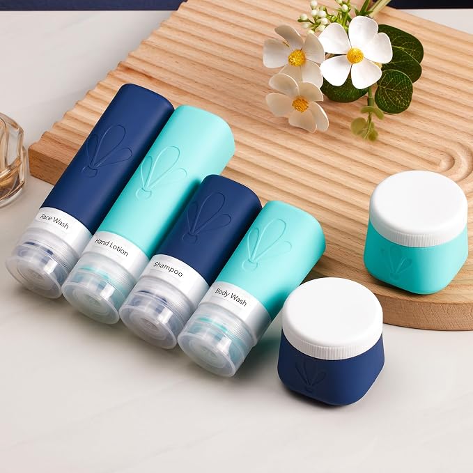 INSFIT travel bottles for toiletries 6 Pack, Leak proof Travel Size Toiletries Containers with toiletry bag, Squeezable Silicone Bottles & Cream Jars, Travel Essentials BPA-Free set for Shampoo - Image 5