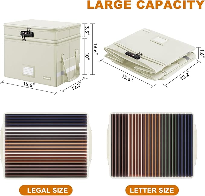 DocSafe File Box with Lock,Multi-Layer Fireproof Document Box Collapsible File Storage Organizer with Pockets/Handle,Large Portable Home Office Filing Box for Hanging Letter/Legal Size Folders,Beige - Image 5