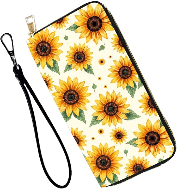 Women's RFID Blocking PU Leather Zip-Around Wallet, Large Capacity Clutch with Phone Holder, Travel Purse & Card Organizer with Removable Wristlet,Sunflower Pattern by Unknown