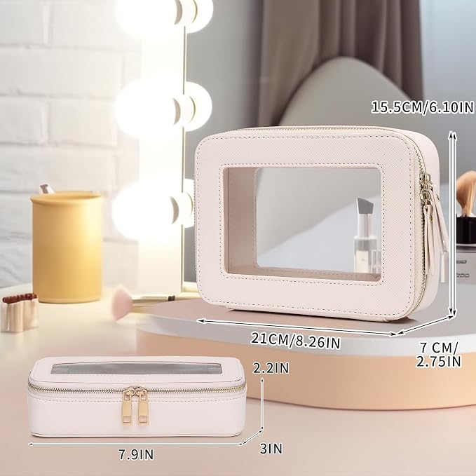 Pinkmik Travel Clear Makeup Bag, (Beige, M+SLIM) | Brush Case, TSA Approved Toiletry Bag, Waterproof Cosmetic Organizer with Zipper, Car Essential for Women - Image 4