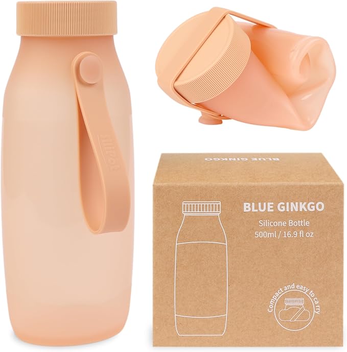 BLUE GINKGO Collapsible Water Bottle – Lightweight, Foldable Silicone Bottle for Travel, Hiking, and Camping (16.9oz, Made in Korea, Peach) by BLUEGINKGO
