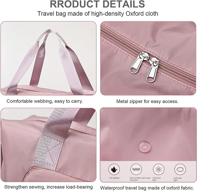 Large Capacity Folding Travel Bag, Lightweight Waterproof Luggage Bag, Expandable Travel Duffel Bag, Dry Wet Separated Gym Tote Bag, Weekender Overnight Bags for Women and Man (Pink) - Image 6