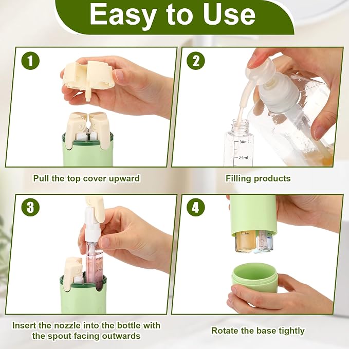 4 in 1 Travel Dispenser with 4 Pack 30ml Travel Bottles and Label Refillable & Leak Proof Portable Toiletry Containers with Locks for Shampoo Lotion Conditioner Cream(Green) - Image 5