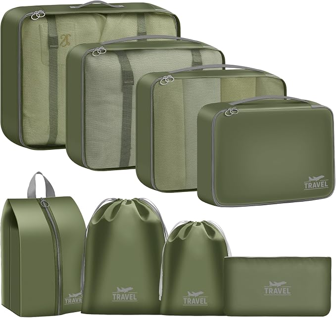 Packing Cubes for Travel- 8 Set Luggage Organizer Bags for Family, Mesh Breathable Travel Packing Cubes for Suitcases Durable Travel Essentials Bags Set (Green, 8 Set) by YEEYAA