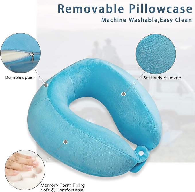 Travel Neck Pillow Comfort Memory Foam Neck Pillows for Airplanes Neck Support Pillow for Sleeping Traveling Trains Cars Offices Home Rest Blue - Image 2