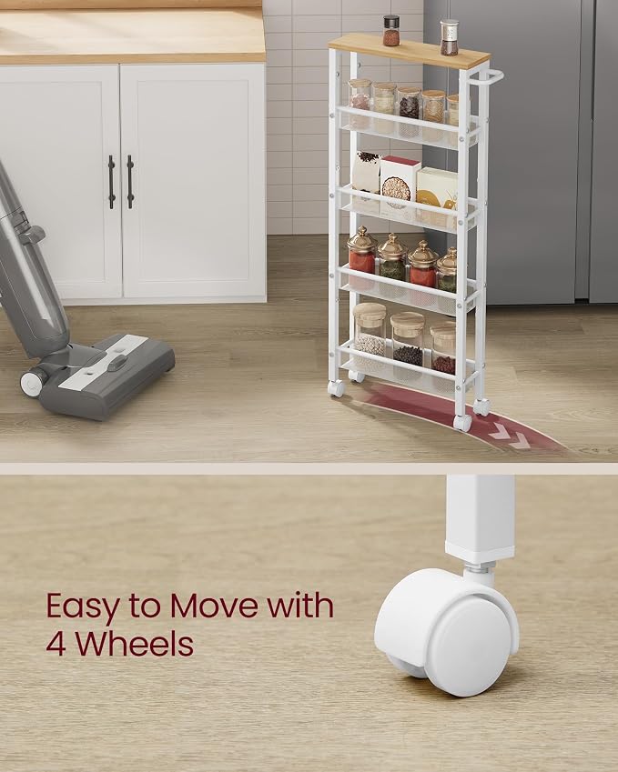 VASAGLE Slim Rolling Cart, 5-Tier Storage Cart, Narrow Cart with Handle, 5.1 Inches Deep, Metal Frame, for Kitchen, Dining Room, Living Room, Home Office, Oak Beige and Classic White ULRC034W09 - Image 8