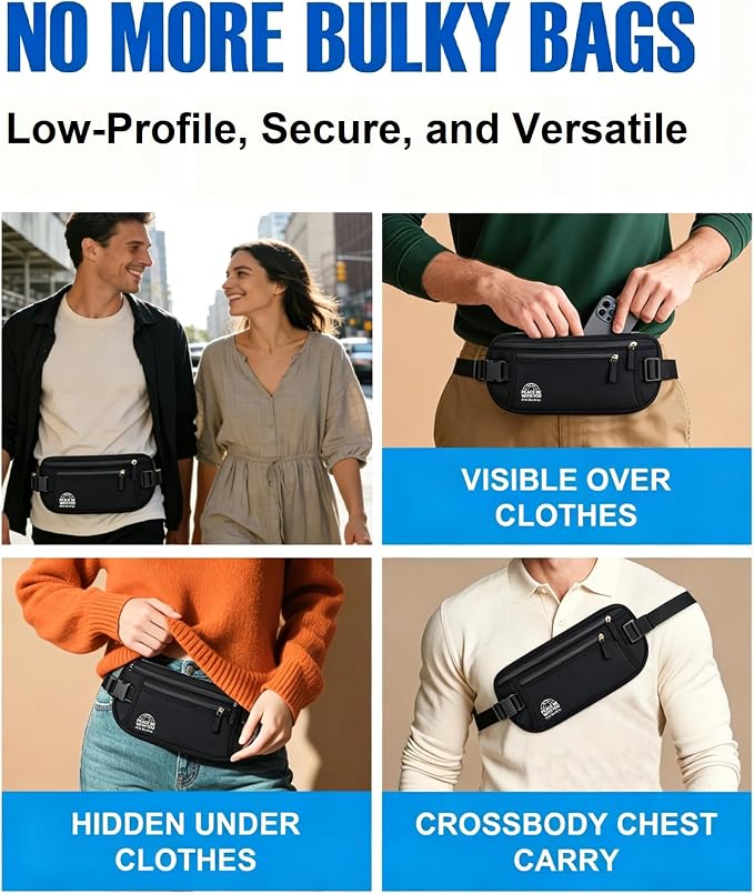 Money Belt for Travel, Passport Holder, RFID Blocking, Extender Strap | 3rd Gen Slim Waist Wallet Anti Theft to Protect Cash, Credit Cards and Document Under-Clothes for Men & Women, Black, Bamneat - Image 7