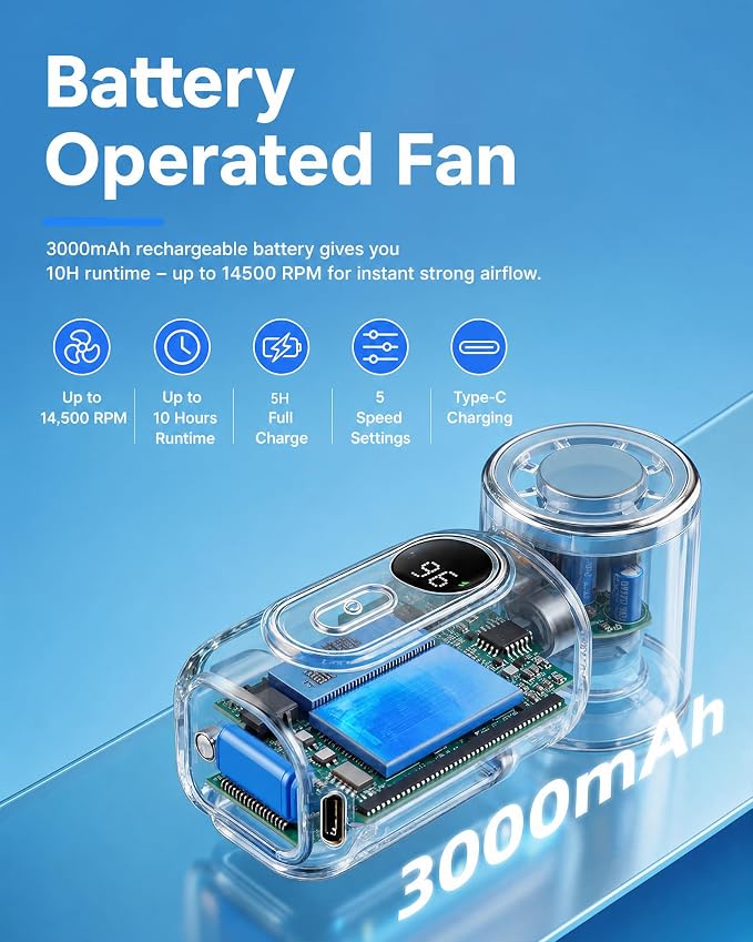 Mini Clip on Fan Handheld, 3000mAh Rechargeable Portable Fan with LED Display, 3-in-1 Personal Cooling Fan, 3 Speeds Quiet USB C Fan for Stroller Desk Travel Camping Office for Women Men Kids, Orange - Image 7