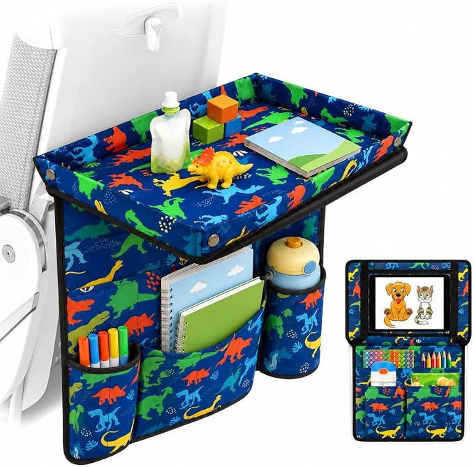 Adjustable Kids Tray Table Cover with Multi Portable Pockets, Airplane Travel Essentials for Kids, Toddlers, Adults, Airplane Must Haves, Plane Travel Essential, Travel Tray for Plane Train, Dinosaur by EpoBob
