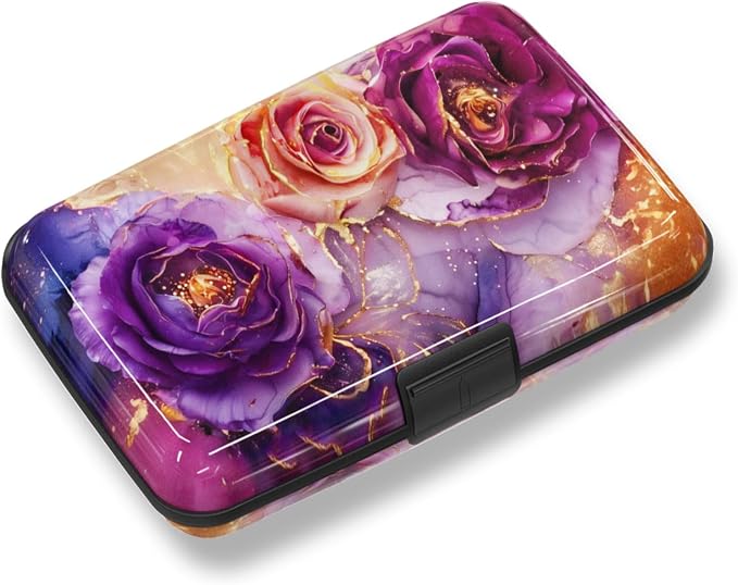 Credit Card Holder, Business Card Case Mini RFID Small Aluminum Card Wallet | Blocking Slim Metal RFID Blocking Front Pocket Wallet Hard Case Durable CC Holder for Women Girl, Purple Marble Flower by ToLuLu