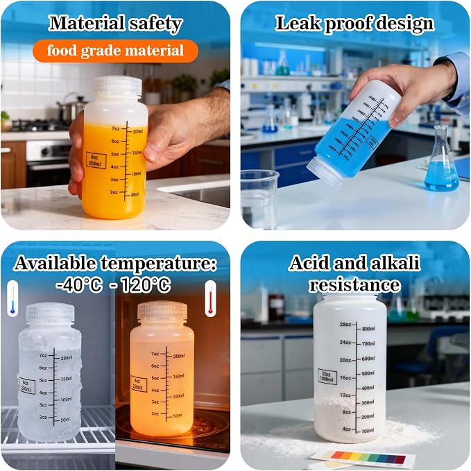 8oz Wide Mouth Plastic Bottles with Airtight Lids, Graduated Food Grade Leak Proof PP Containers Jars for Water Sample Lab Reagent Liquid Medicine Storage (Translucent, 3 Pack) - Image 6