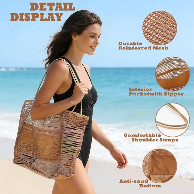Women's Large Mesh Beach Bag Tote–Waterproof Sandproof Foldable with Zipper Pockets for Summer Travel & Vacation - Image 5